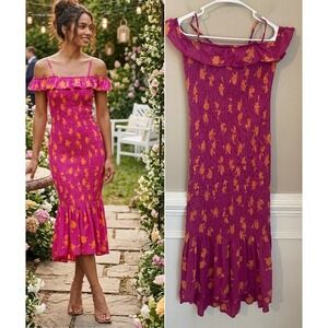 Anthropologie Size XS Celandine Off Shoulder Smocked Midi Dress Pink Floral NWT